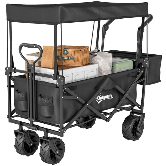 80L Folding Wagon Cart with Wheels, Heavy-Duty Collapsible Wagon with Removable Canopy, Adjustable Handle, Black
