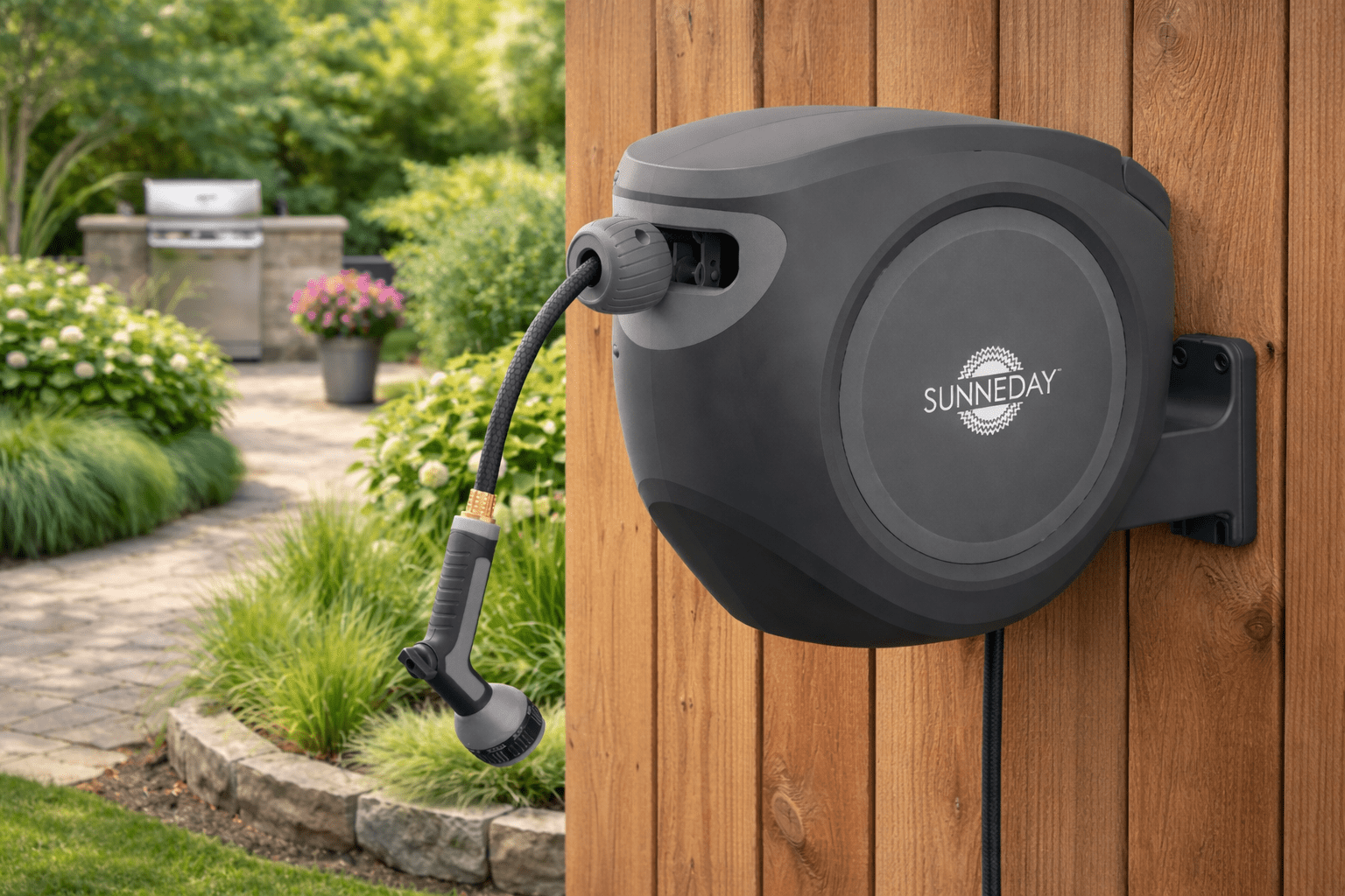 Sunneday 100ft Retractable Hose Reel 5/8 | Automatic Retractable Hose Reel w/Wall Mount | Easy to Assemble Water Hose Reel w/Flexible Swivel Mount | Retractable Garden Hose Reel (100ft.Black/Gray)