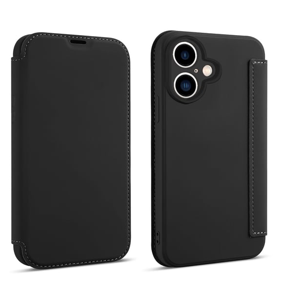 Slim Wallet Case For iPhone 16 Plus, Premium PU Leather Flip Cover with Card Holder, Soft Fiber Flocking Lining for Screen Protection Shockproof Case Wireless Charging, Black