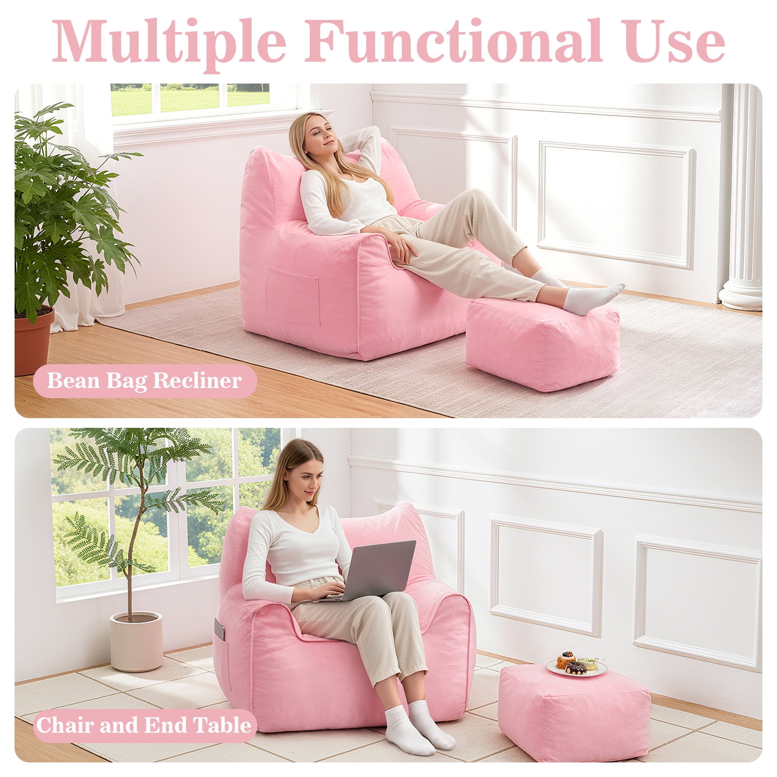 Lusimo Bean Bag Chair with Ottoman Bean Bag with Footstool for Adults Teens, Bean Bag Sofa with Washable Cover, Pocket, Handle for Bedroom, Living Room, Pink
