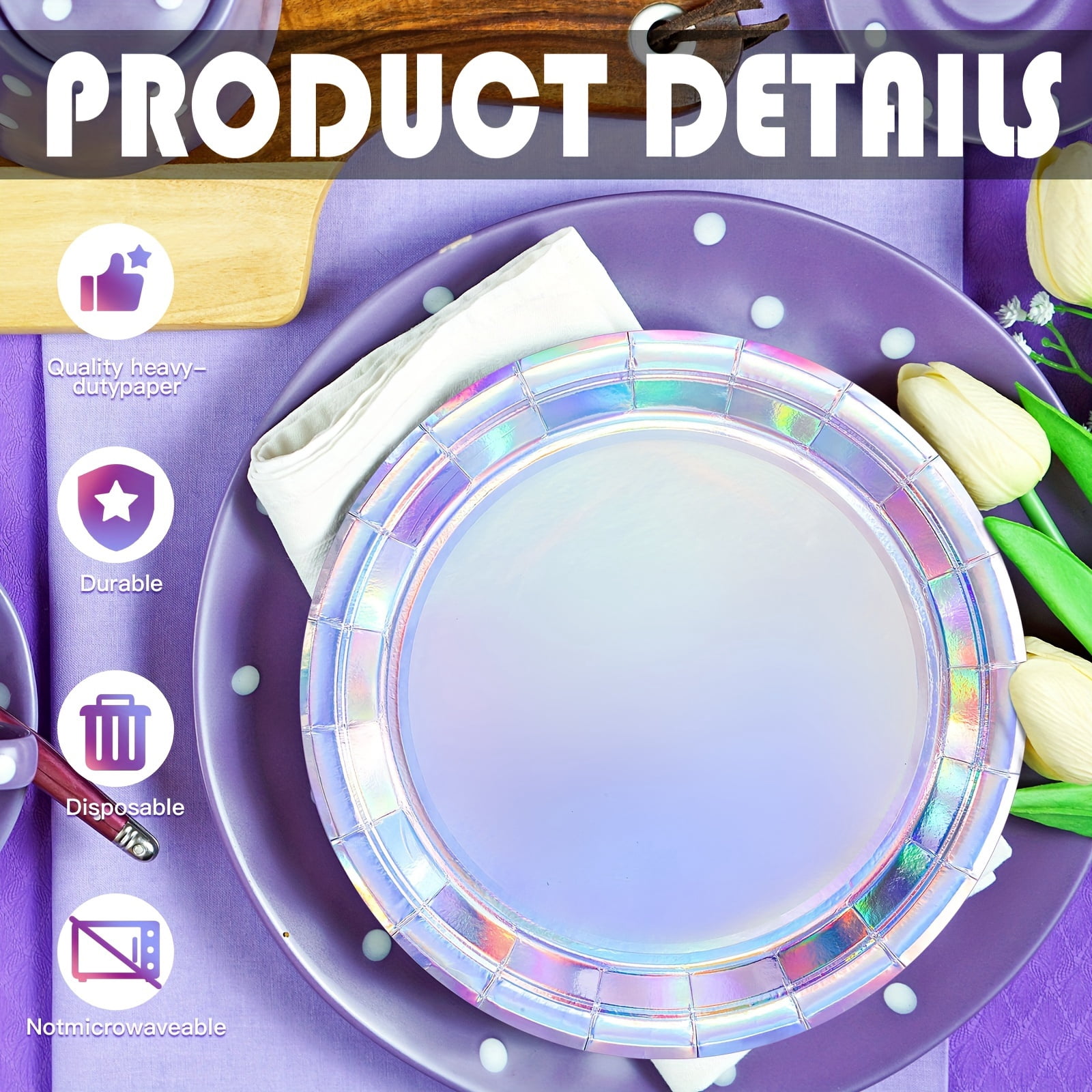 100Pcs Iridescent Disposable Paper Plates, 9" Holographic Round Plates, Premium Disposable Dessert Plates for Appetizers Salads Pizzas for Birthdays Baby Showers Weddings & Disco Party