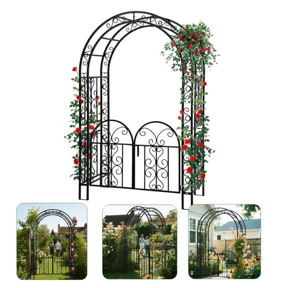 Yonopro Garden Arch with Gate,  7ft Outdoor Steel Arbor Trellis with Stakes, Metal Archway for Climbing Plants, Wide Sturdy Garden Arch for Lawn, Party, Ceremony Wedding Decor, Black