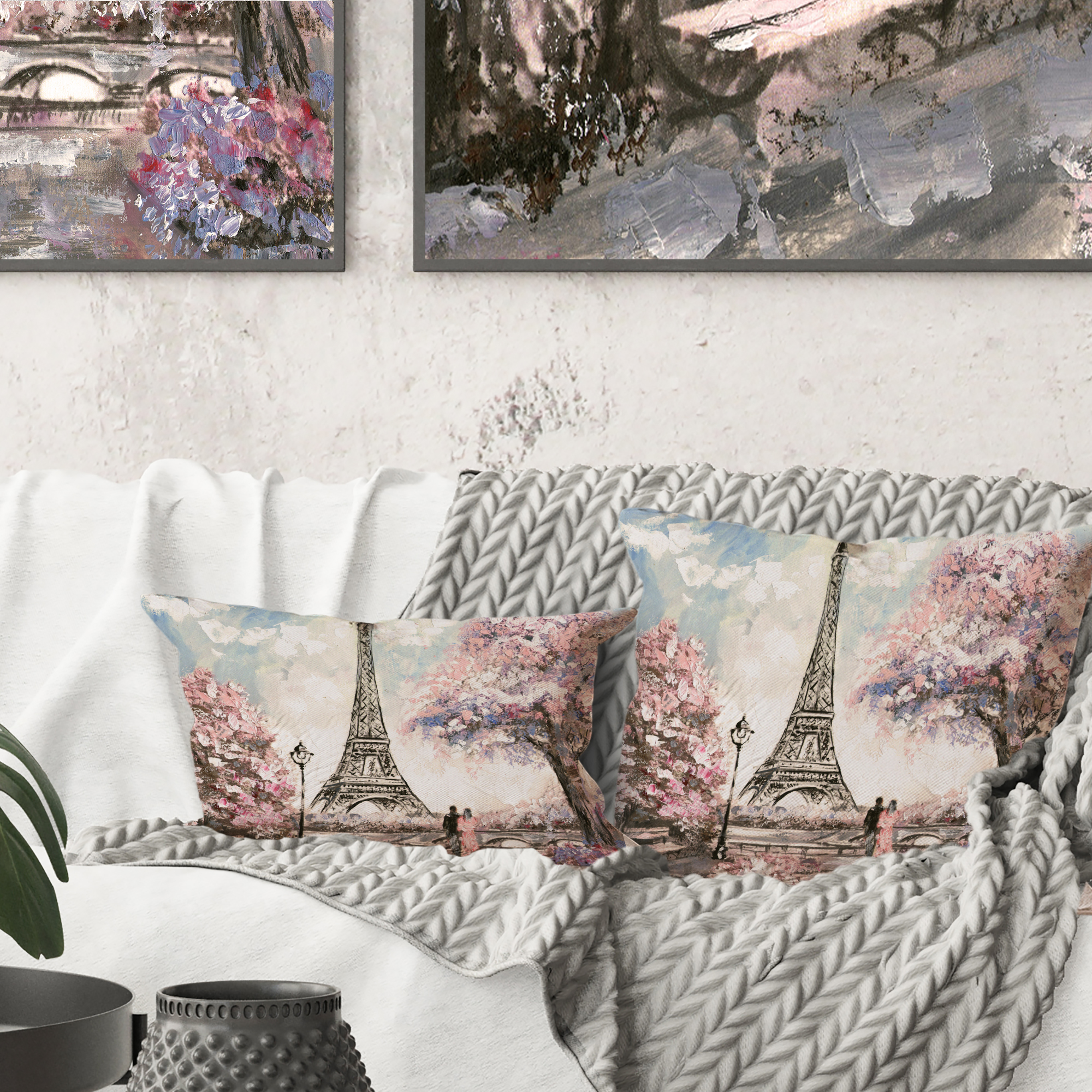 Designart Eiffel with Pink Flowers - Landscape Printed Throw Pillow - 12x20