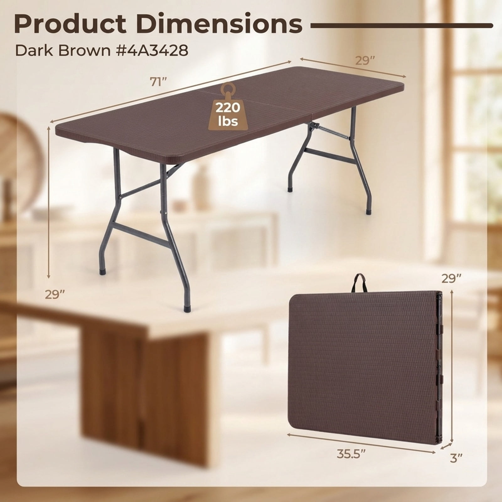 Furnibear 6 FT Plastic Fold in Half Camping Table Portable Folding Table with Carry Handle for Party Event Indoor Dining, Brown
