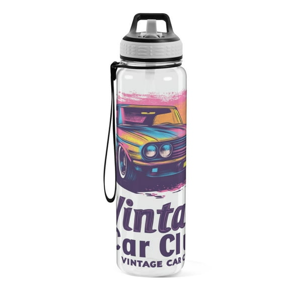 Motivational Water Bottle 32 oz with Straw, BPA Free Reusable Fitness Sport Bottle Perfect for Travel, School, Outdoors, and Gym Vintage Car Club