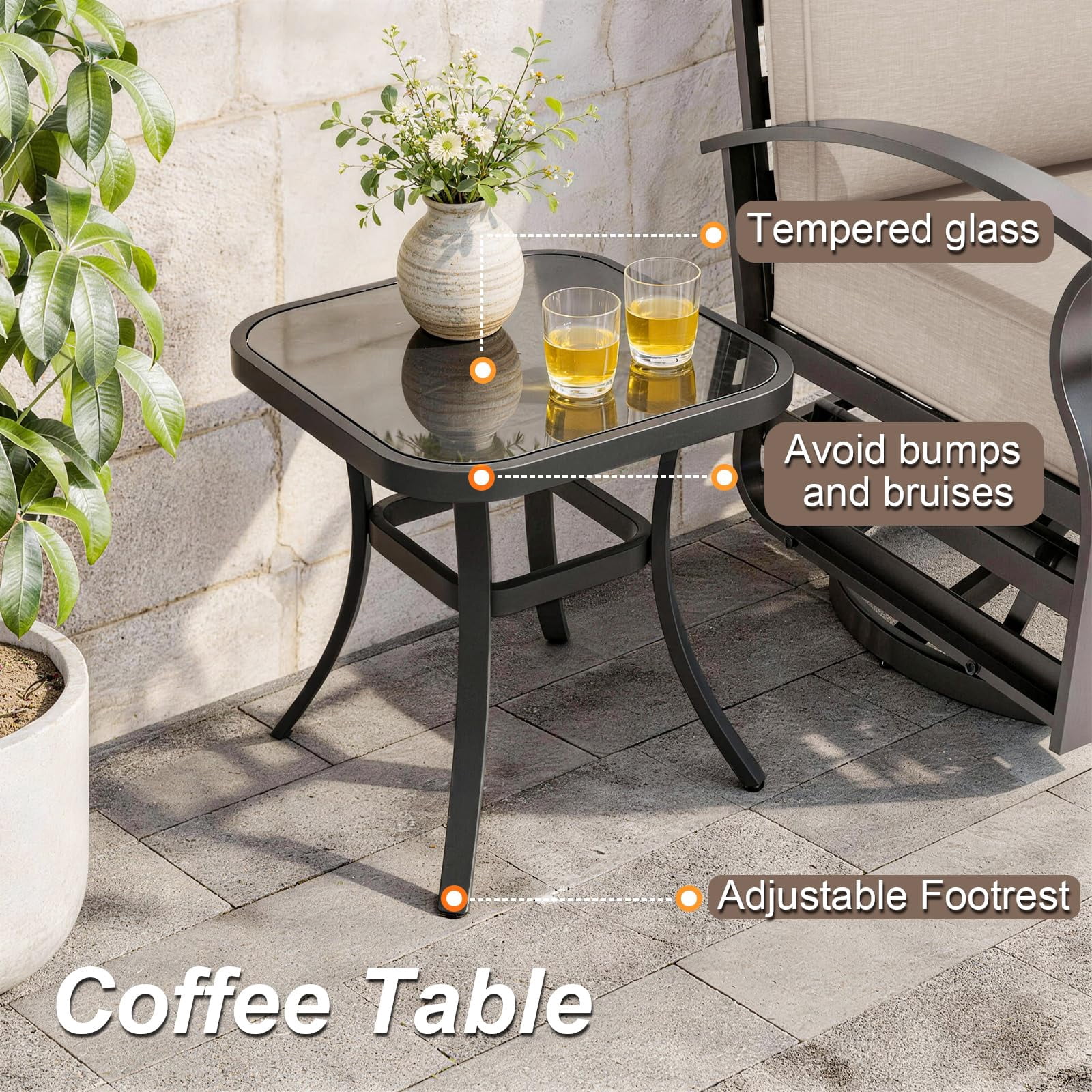 ALAULM 3 Piece Patio Outdoor Aluminum Metal Swivel Rocking Chair with 1 Coffee Table and 2 Khaki Padded Cushions Outdoor Metal Swivel Rocking Chair Furniture Conversation Set for Porch Garden