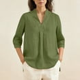 thumbnail image 3 of Stamzod Summer Tops for Women Trendy Solid Color V Neck 3/4 Length Sleeve Blouses Vacation Casual Cotton Linen Shirts for Women Army Green-1 S, 3 of 8