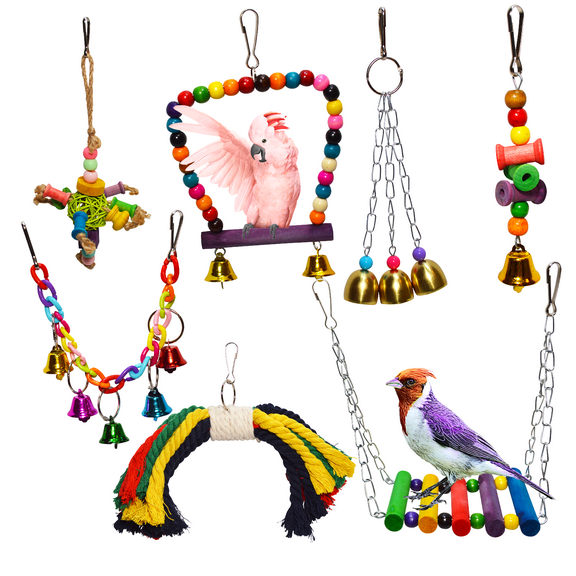 PERIQUITO 7 Pcs Bird Toys Parrot Toys Parakeet Toys for Small Birds Parrot Budgie Budgerigar Parakeet Love Bird Peony Cockatiel Toys Finch Wood Hammock Swing Hanging Bells Rope Ladder perches