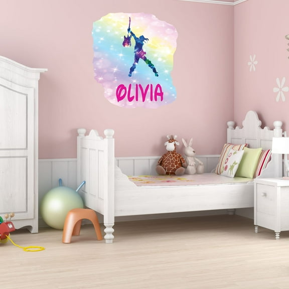 Girly Watercolor Custom Name Wall Decals for Kids Room - Girly Art Music Guitarist Customize Name Rock Music Personalized Bedroom Wall Sticker Water Color Style - Size: 27 In x 30 In