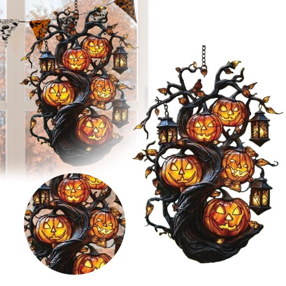 Pumpkin Tree Acrylic Suncatcher 9cm - Stained Glass Effect Window Car Hanging Decor, Indoor Outdoor Ornament for Halloween Fall, Gift for Mom Grandma, Home Office Party Accent