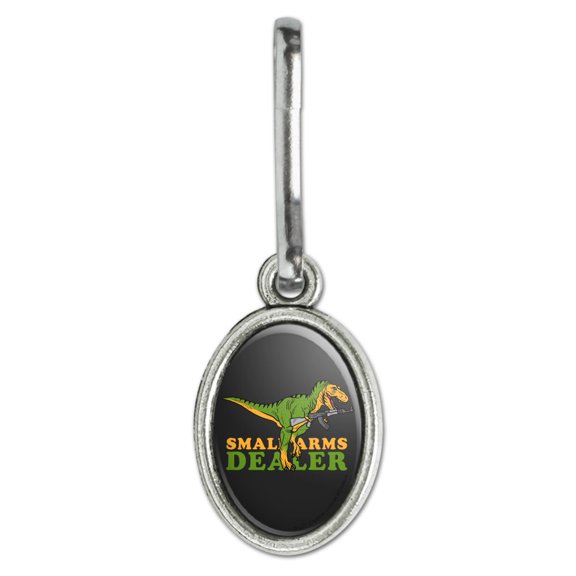 Small Arms Dealer Weapons Dinosaur T-Rex Funny Humor Antiqued Oval Charm Clothes Purse Suitcase Backpack Zipper Pull Aid