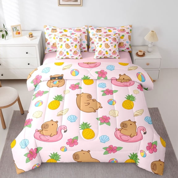 Manfei Lovely Capybara 7-Piece Twin Bedding,Kawaii Pineapples Bedding Comforter Set,Pink,Pink Reversible