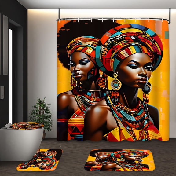 LVRLVR 1/4 Vibrant African Cultural Heritage Fabric Shower Curtain Rug Set - Black Girl Bath Mat Bathroom Decoration,Brown, 70.8" × 70.8"