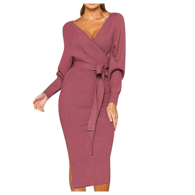 Bigersell Robes Midi de Fête pour Femmes 2024 Offres Femme Col en V Manches Longues Robe Portefeuille Midi Style D-66 Robe Midi Grande Taille Robes d'Été, Violet m
