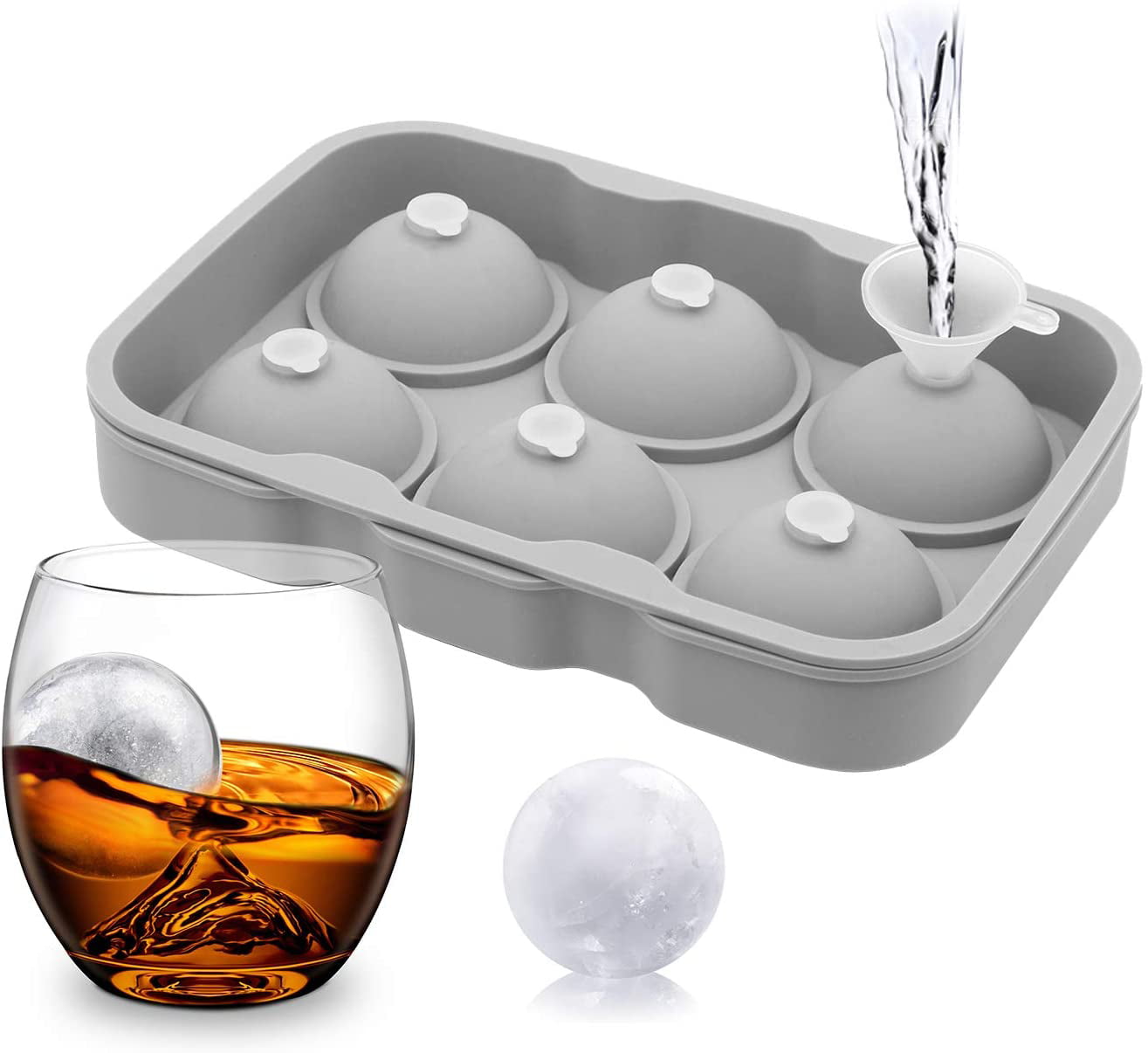 2 Pack Round Silicon Ice Cube Ball Maker Tray 6 Large Sphere Molds Bar w/ Funnel