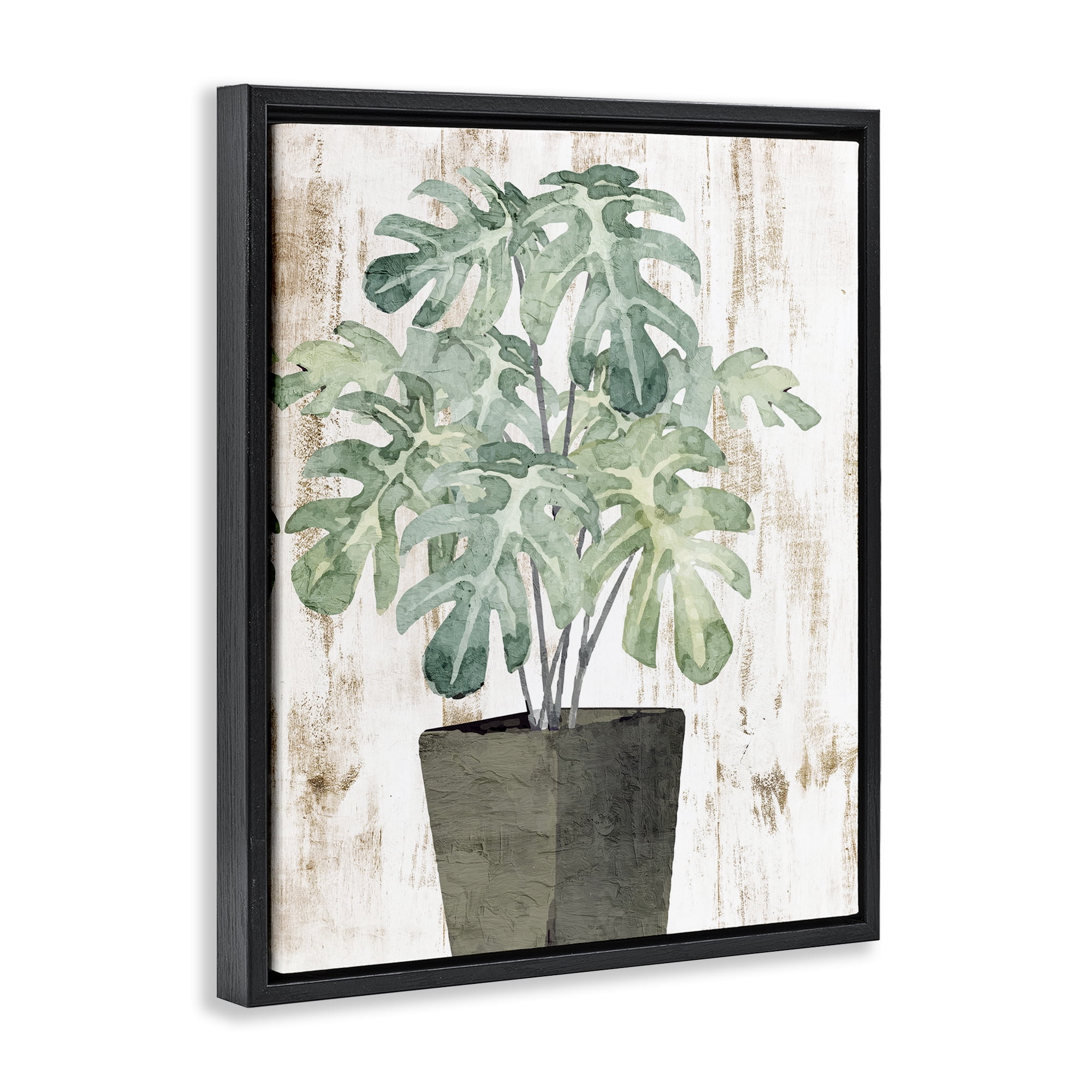 Stupell Industries Flower Pot Greenery Botanical & Floral Painting Black Floater Framed Art Print Wall Art, 17 x 21