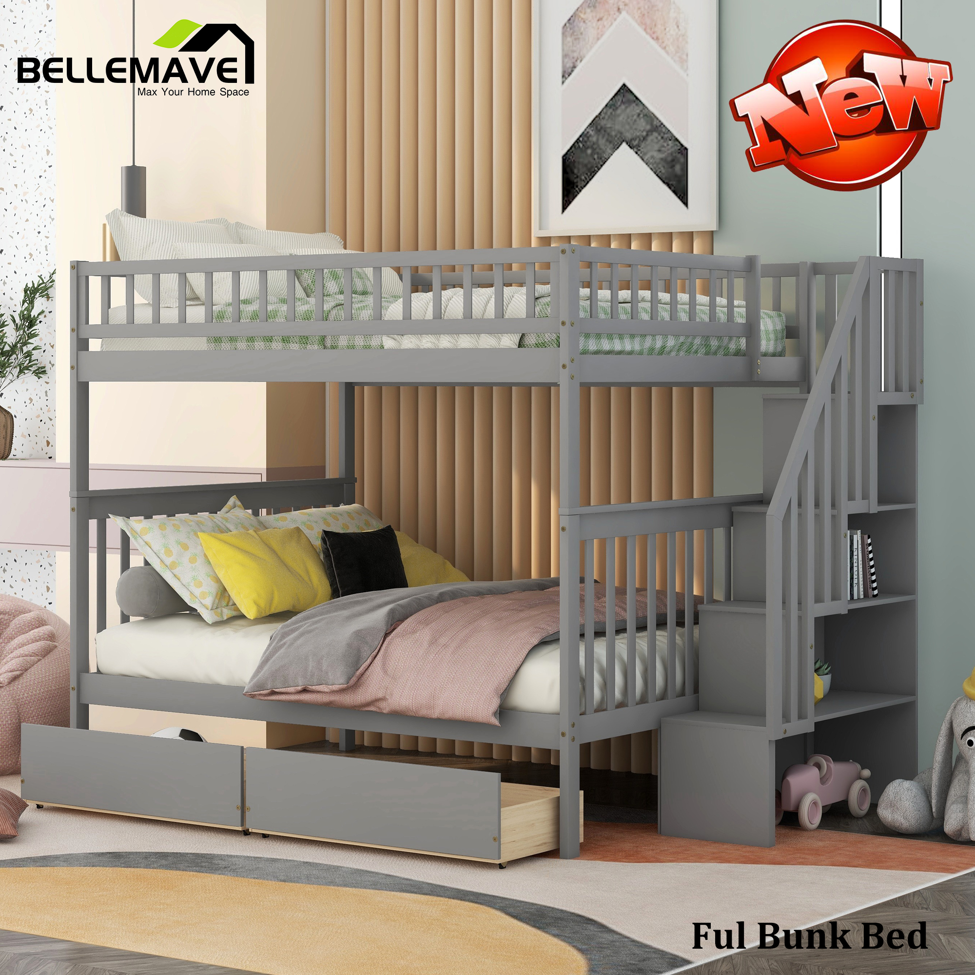 Full over Full Bunk Bed with Storage Drawers and 3Tier Shelves, Kids