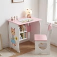 thumbnail image 3 of Kids Study Desk Childrens Learning Table Kids Desk and Chair Set with Built in Storage Shelf White & Pink Cat Design Heart Shaped Cutouts for Bedroom Game Room, 3 of 7