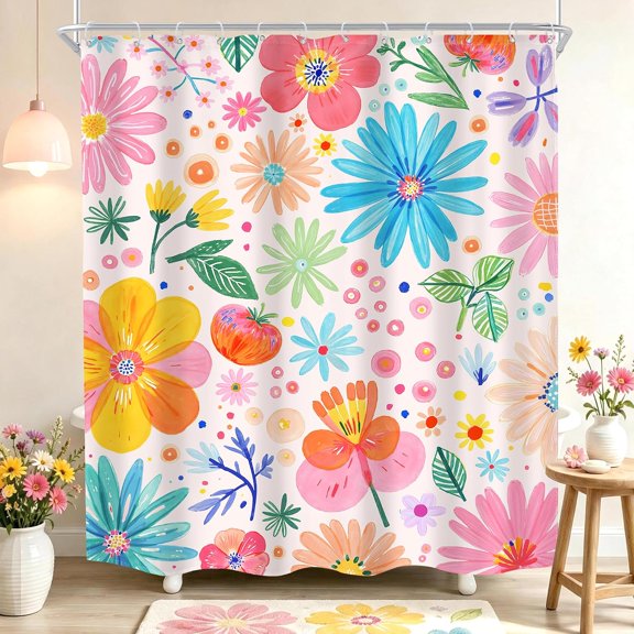 Watercolor Floral Shower Curtain Colorful Wildflowers Boho Botanical Fabric Bath Curtain for Bathroom 71x71 Inches