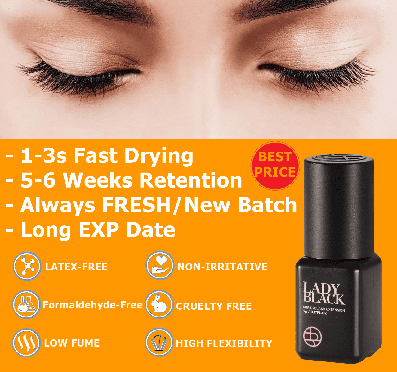2 Bottles Sky Lady Black Glue Eyelash Extensions 5ml / Professional Max Bonding Strength Lash Glue / 1-3 Sec Fast Drying / 5-6 Weeks Retention