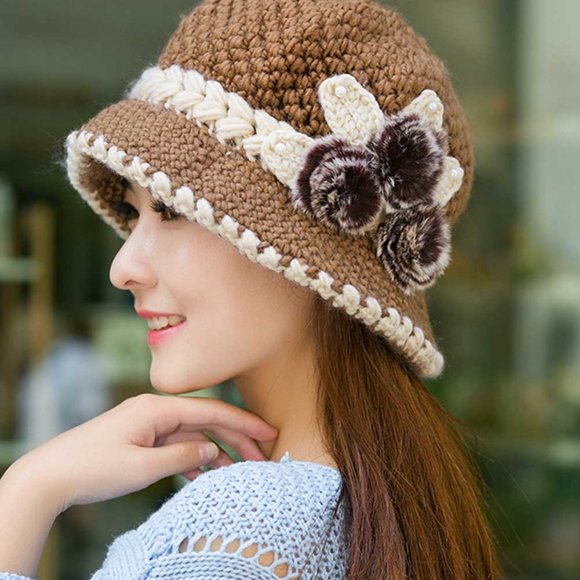 yotyukeb Hat For Women Beanies Hat Fashion Women Lady Winter Warm Crochet Knitted Flowers Decorated Ears Hat