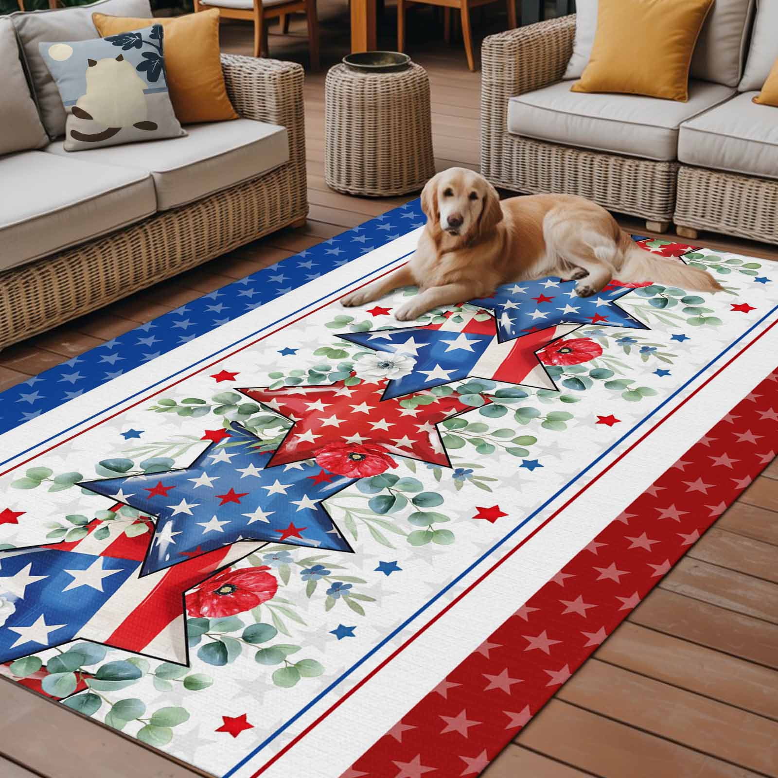 Outdoor Rug 6x9 ft Red White Blue Patriotic Stars Waterproof Outdoor Patio Rug Mat Non Slip Outside Area Rugs Carpet for RV,Camping,Porch,Deck,Pool,Balconybackyard,Eucalyptus Leaves Poppy