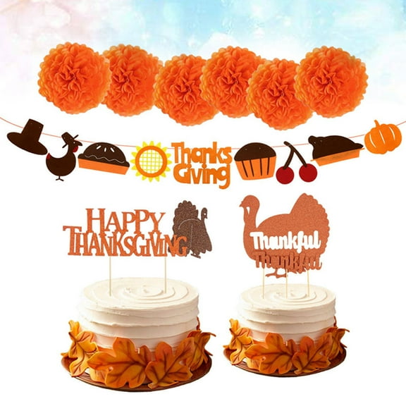 HONITANO 9Pcs Happy Thanksgiving Topper and Banner Photoshoots with Multi Colored Turkey Shape 11.8x6.2in