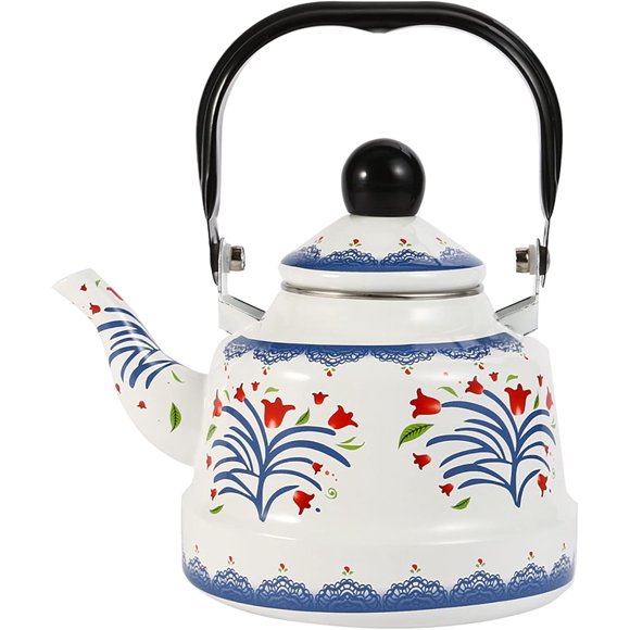 Vintage Enamel Kettle Enamel Kettle Teapot Coffee Pot with Heat Resistant Handle for Induction, Gas Stove, Wood Burning, 1.7L