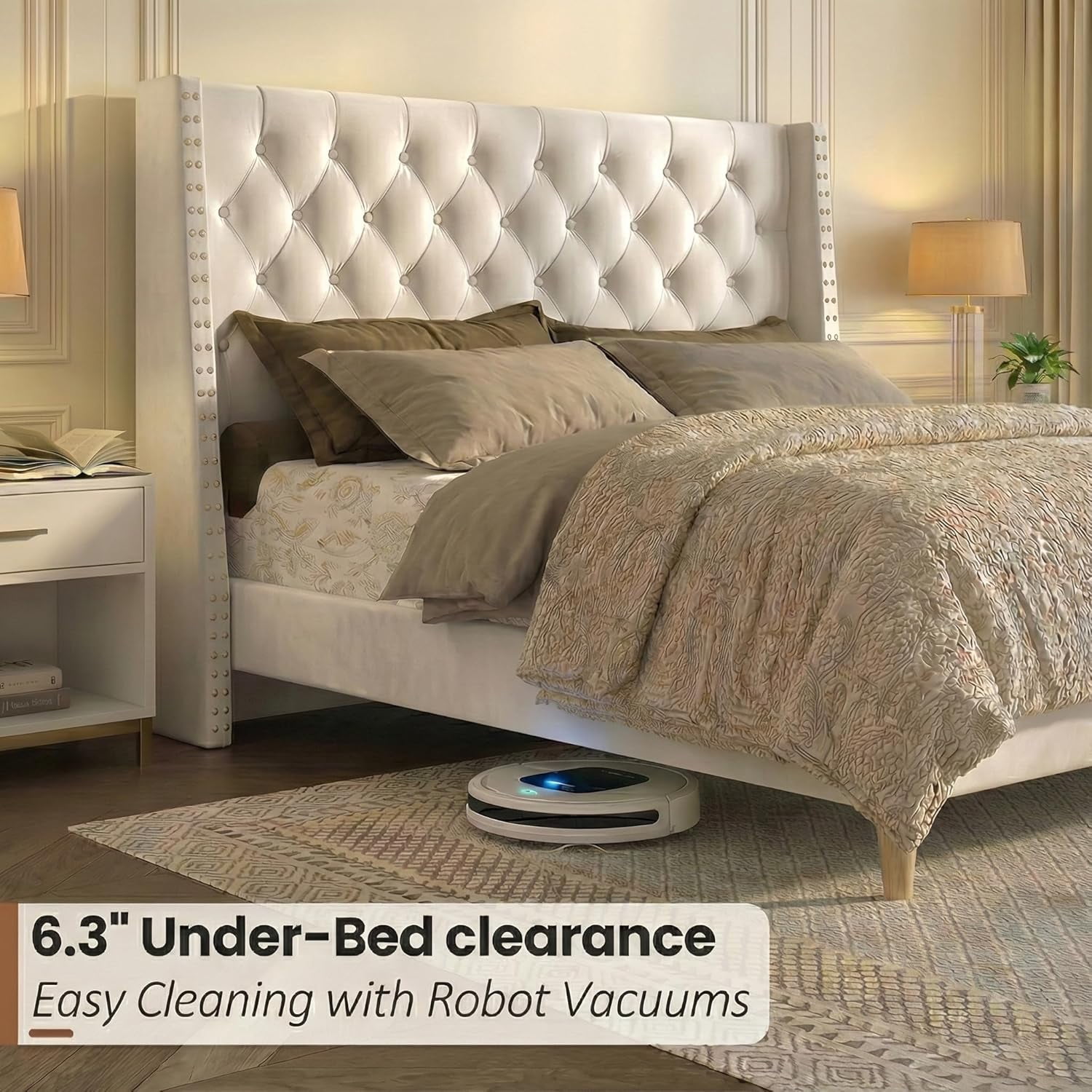 Queen Size White Velvet Upholstered Platform Bed Frame with 47.6" Tall Wingback Tufted Headboard & High Footboard, Gold Nailhead Trim, 1000lbs Heavy Duty Support, No Box Spring Needed
