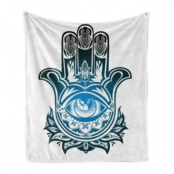 Hamsa Soft Flannel Fleece Throw Blanket, Evil Eye Inside the Esoteric Protection, Cozy Plush for Indoor and Outdoor Use, 70" x 90", White Black and Blue, by Ambesonne