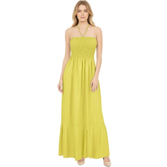 HAPPY BAY Women's Beach Summer Solid Smocked Tube Top Maxi Evening Frill Dress Casual Strapless Dresses for Women One Size Old Gold, Solid