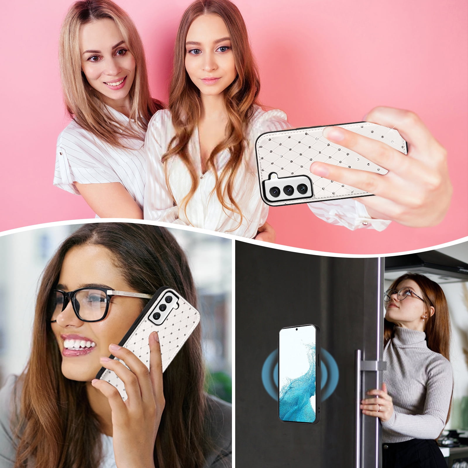 Asuwish Phone Case for Samsung Galaxy S22 5G Zipper Wallet Detachable Cell Cover with Tempered Glass Screen Protector Crossbody Lanyard Strap Bling Glitter Flip Card Holder Slot S 22 22S Women White