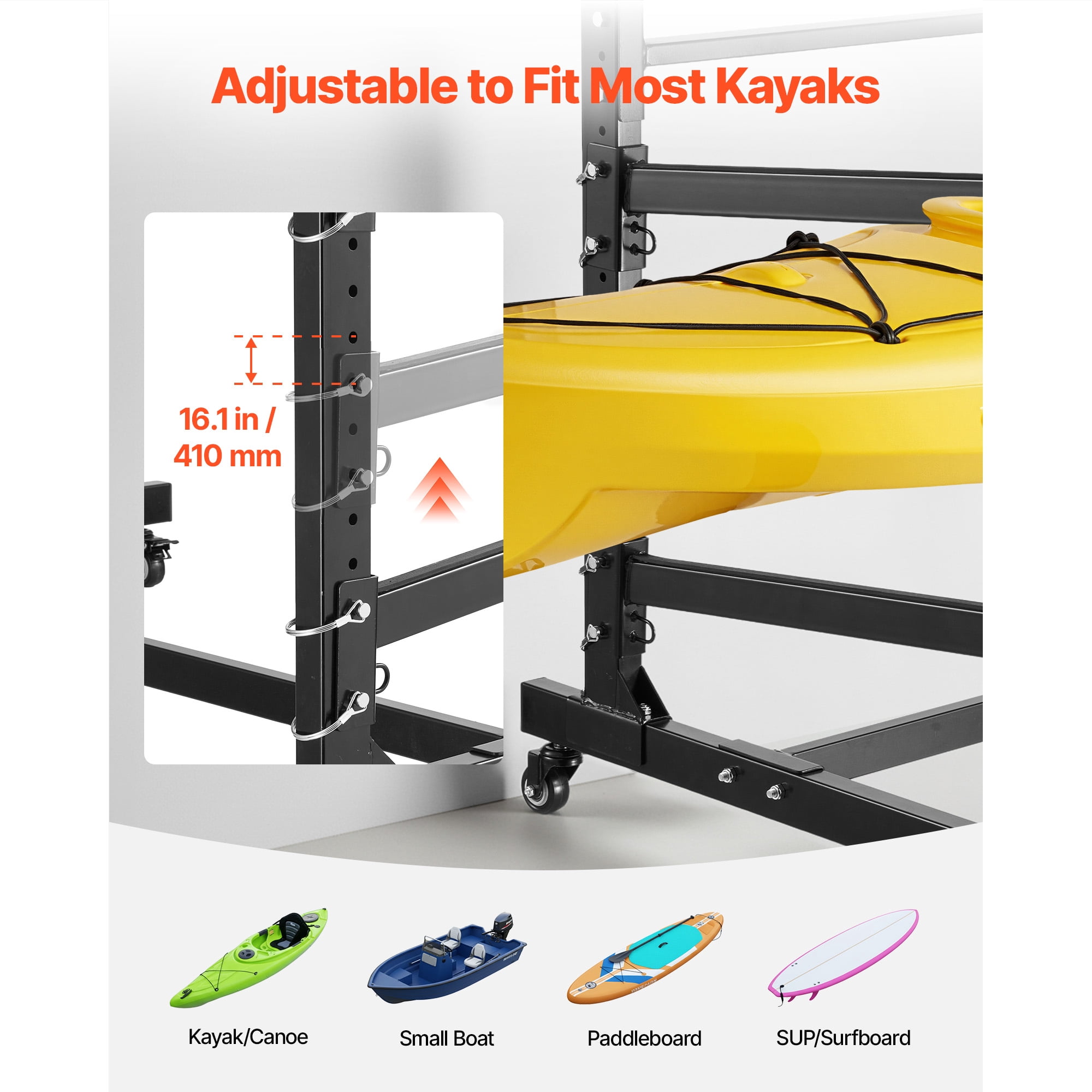KFFKFF Adjustable Freestanding Kayak Storage Rack for 3 Kayaks, Supports 200 lbs, Durable Stand with Lockable Wheels for Indoor and Outdoor Use, Suitable for Canoes, SUPs, Surfboards,and Paddleboards