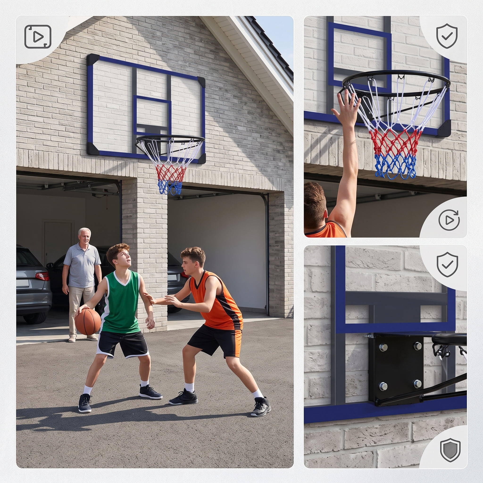 35 x 24 Inch Wall-Mounted Folding Basketball Hoop, Shatterproof Backboard with 18" Rim, All-Weather Net for Indoor Outdoor Use