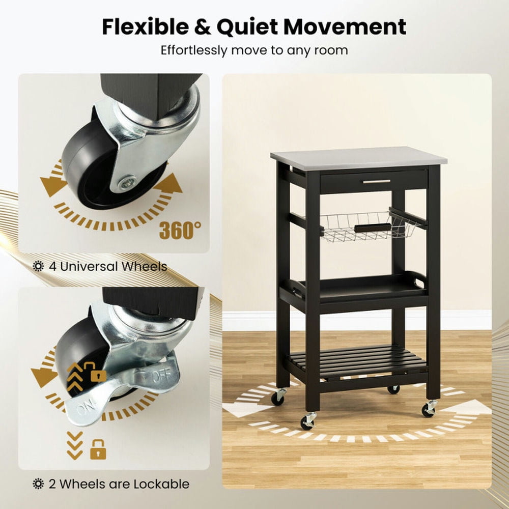 Finihen Rolling Cart, Kitchen Island Cart, Kitchen Island Cart with Stainless Steel Tabletop and Basket, for Kitchen, Dining Room, Black Finihen Rolling Cart, Kitchen Island Cart, Kitchen Island Cart with Stainless Steel Tabletop and Basket, for Kitchen, Dining Room, Black
