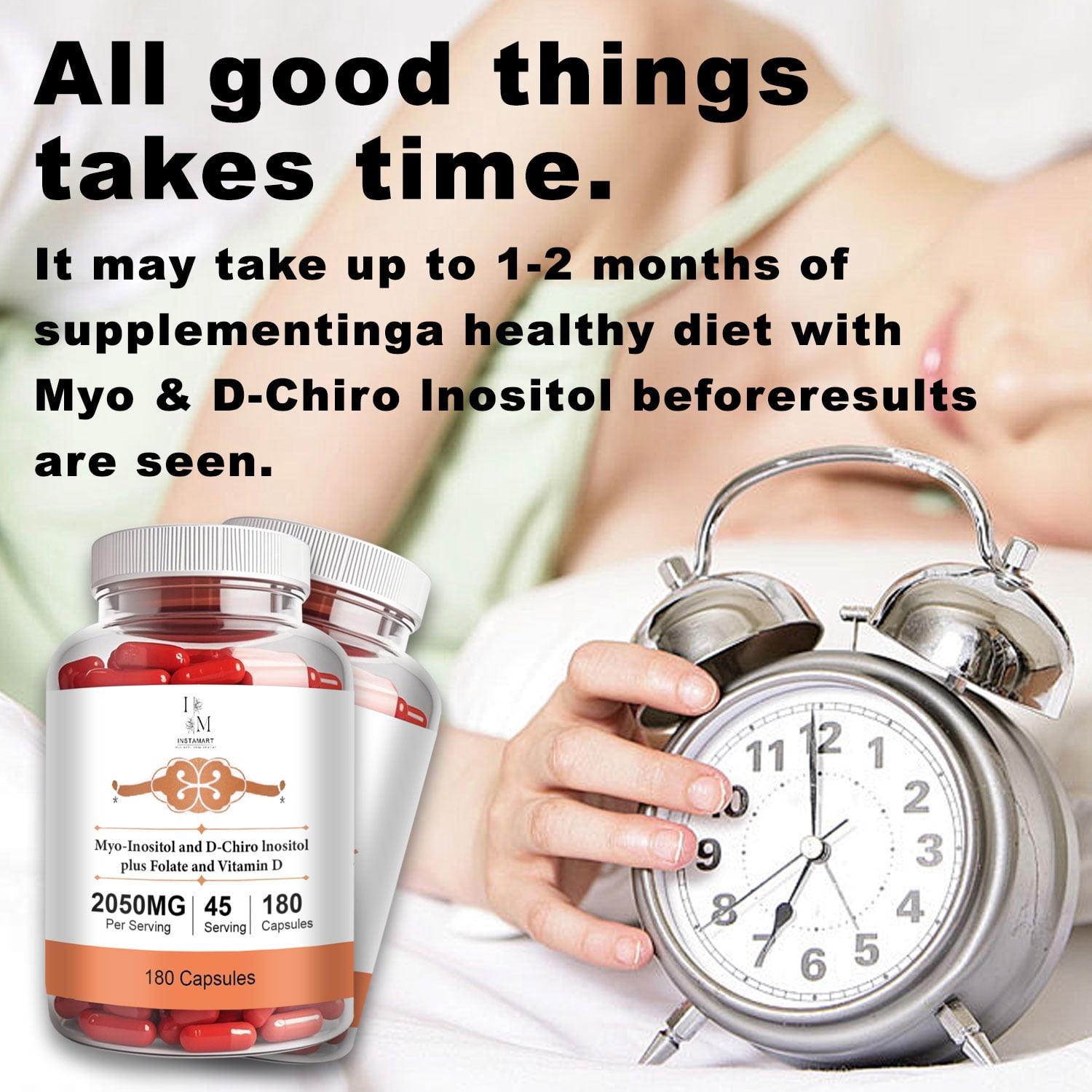 INSTAMART Myo-Inositol & D-Chiro Inositol Supplement for Women | 2050mg, Balanced 40:1 Ratio | Plus Folate & Vitamin D for Hormonal Balance, Regular Cycles & Ovarian Health | 180 Vegetarian Capsules
