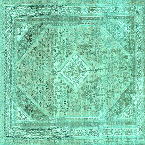 Ahgly Company Machine Washable Indoor Square Persian Turquoise Blue Traditional Area Rugs, 8' Square