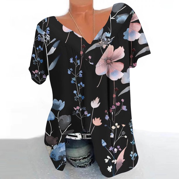 Fiudx Ofertas Relámpago Blusa Estampada de Manga Corta con Cuello En V para Mujer Blusas Tipo Jersey