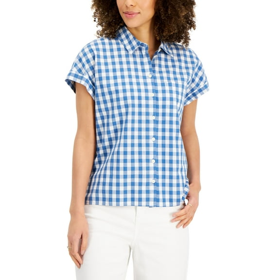 Style & Co Womens Cotton Printed Camp Shirt Gingham Camas M