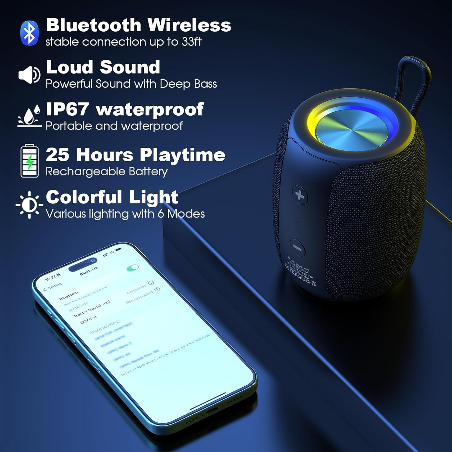 Bobtot Bluetooth Speaker Wireless Portable Speaker with Loud Stereo Sound RGB Lights 25H Playtime TWS Pairing Mini Wireless Speakers for PC/Computer/Outdoor/Home/Party/Gift Ideas