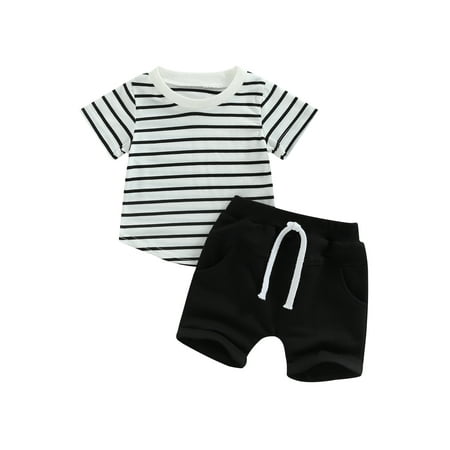 

AmShibel Toddler Baby Boy Summer Clothes Shorts Set Short Sleeve Letter Print Stripes T-Shirt with Elastic Waist Shorts Outfit