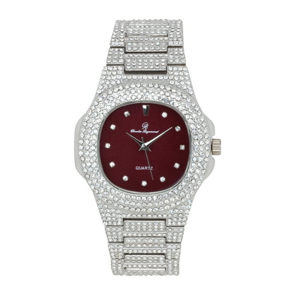 CHARLES RAYMOND Women's Luxury Crystal Diamonds Iced Out Watch, a True Testament to blinged-Out Beauty and Timeless Glamour (ST10381DX SLV Burgundy)