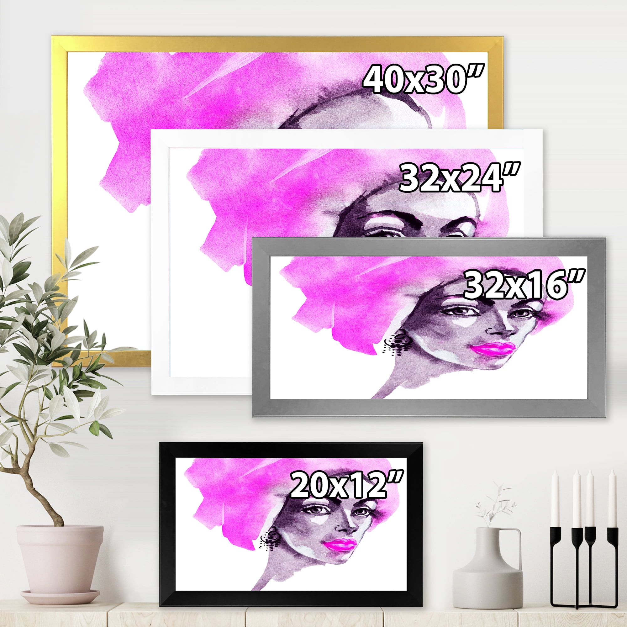 Designart 'Afro American Pink Woman Fashion Portrait' Modern Framed Art Print