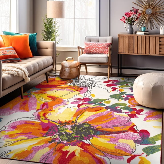 Rugshop Area Carpets Modern Bright Flowers Non-Slip Multicolored 5x7 Area Rug
