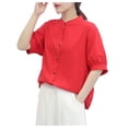 thumbnail image 5 of JGGSPWM Women Soft Lightweight Linen Short Sleeve Stand Collar Button-Down Loose Fit Casual Summer Top Blouse Red M, 5 of 6