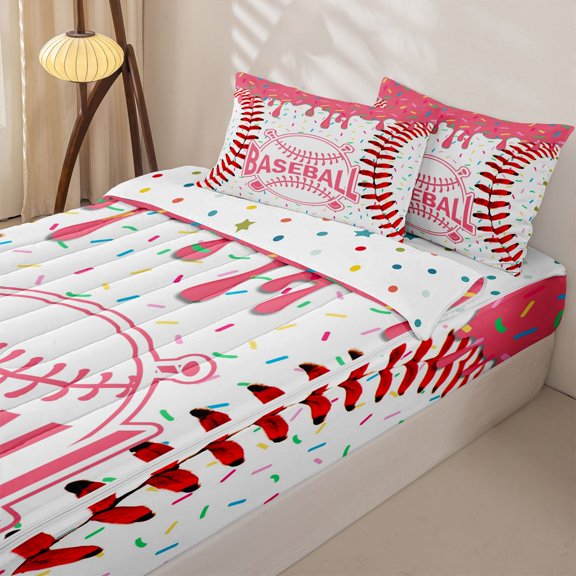 Homewish Ice Cream Baseball Kid Zipper Full Size Comforter Sets with Fitted Sheet and 2 Pillowcases, Deep Pink Graffiti Zipper Bedding Set, Polka Dots Reversible, 4 Pieces