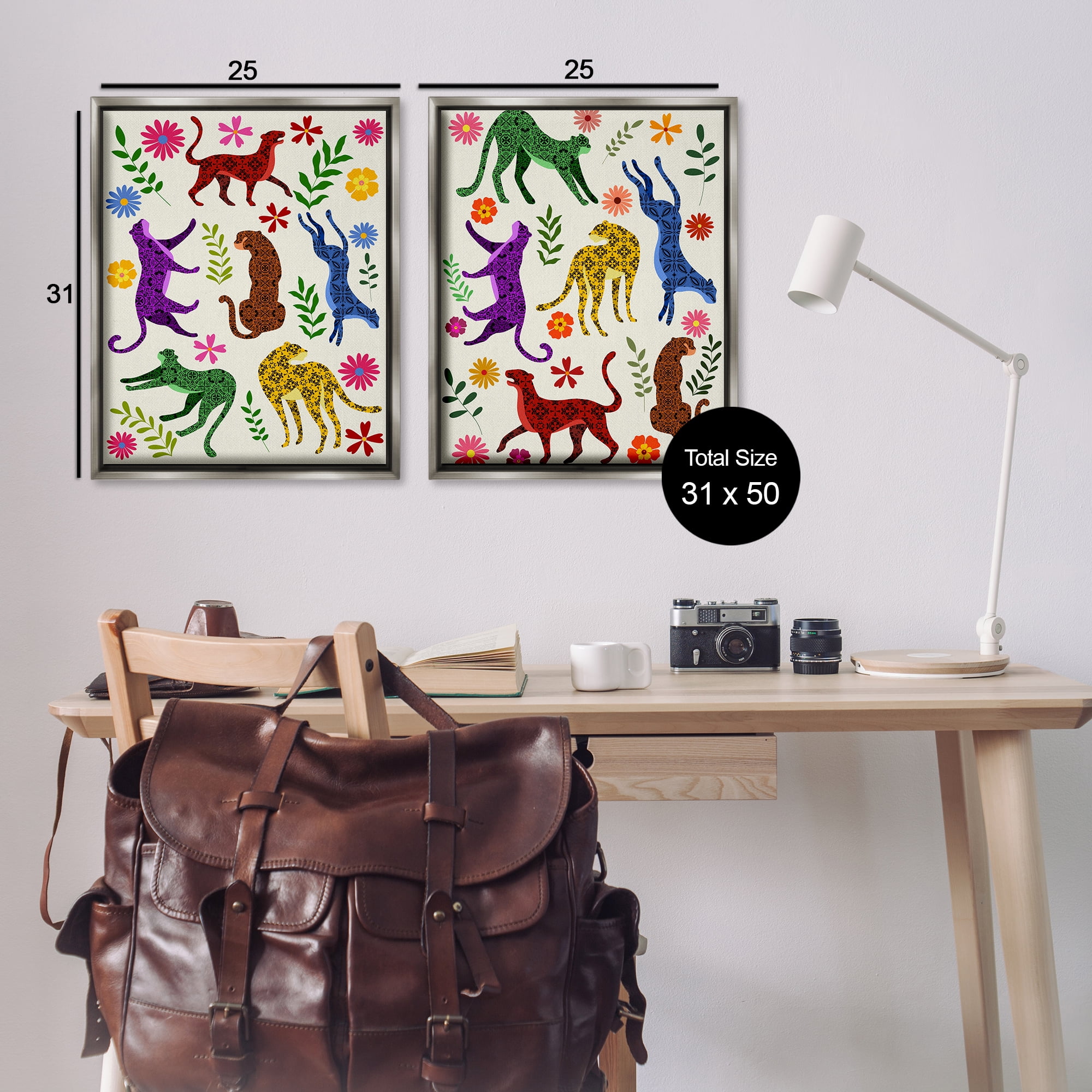 Stupell Industries Patterned Floral Jungle Cats Animals Painting Gray Floater Framed Canvas Art Print Wall Art, 31 x 25, Set of 2