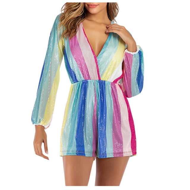 LOVZFMLL Combinaisons Courtes à Paillettes Rayées Multicolores à Manches Lanterne Col en V pour Femmes Multicolore
