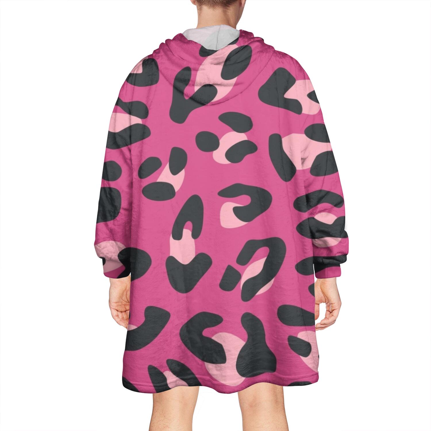 Pink and Black Of Leopard Print Wearable Oversized Blanket,Wearable Blanket Hoodie for Adults,Cozy Hooded Blankets with Super Pockets,Super Warm Fuzzy Pullover for Women & Men