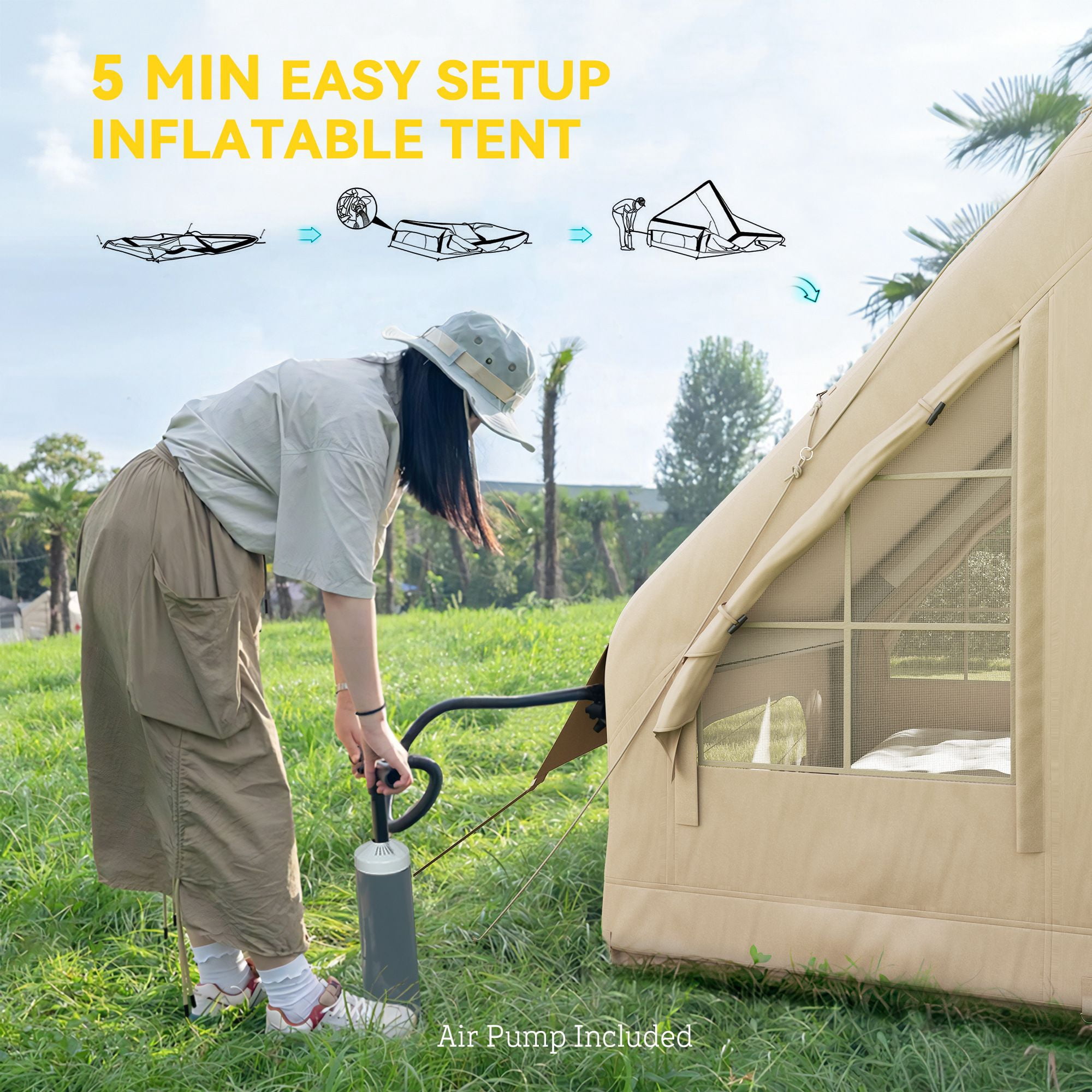 Outsunny Inflatable Camping Tent with Hand Pump, 4-6 Person 420D Oxford Fabric Blow Up Cabin Tent, 3000mm Waterproof & UPF50+ for Glamping, Sand, 118.1" L x 78.7" W x 78.7" H
